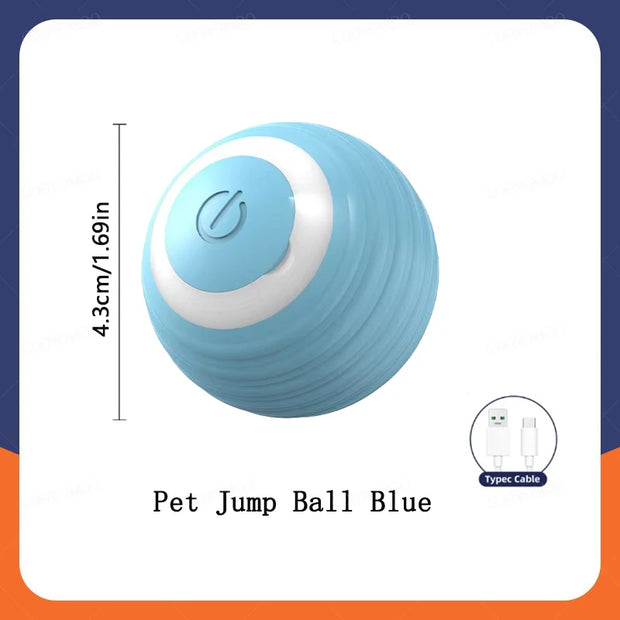 Blue Automatic Obstacle Avoidance Pet Toy Ball with white stripe and measurement details on a white background