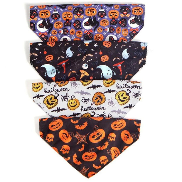 Pumpkin Paws Halloween Bandana Pet Collar Scarf in festive Halloween designs featuring pumpkins, ghosts, and bats.