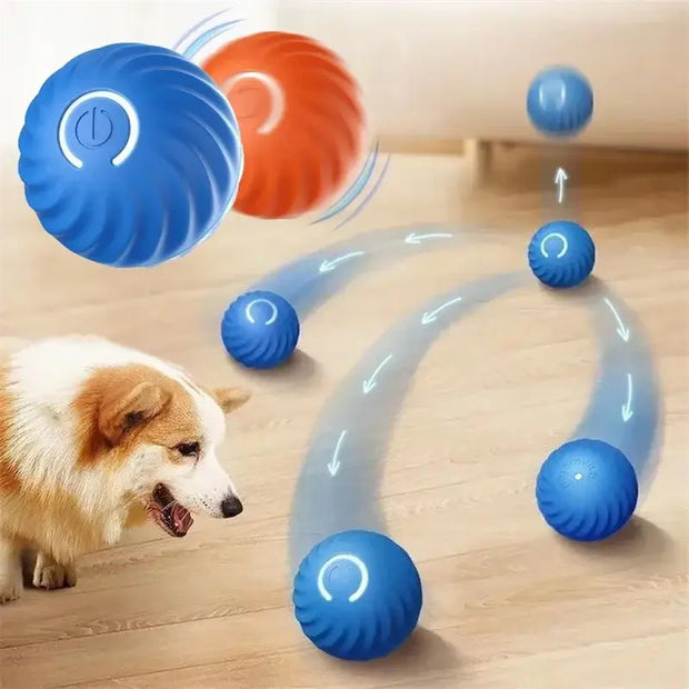 Dog playing with a blue and red Automatic Obstacle Avoidance Pet Toy Ball on a wooden floor.