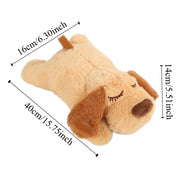 Heartbeat Plush Dog Toy with measurements on a white background