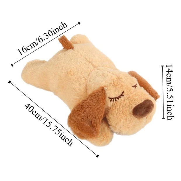 Heartbeat Plush Dog Toy with measurements on a white background