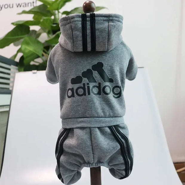 Gray dog Adidog Hoodie and shorts set with 'adidog' logo on a white surface.