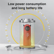 Orange Little Devil Automatic Infrared LED Laser Cat Toy cylindrical device with a transparent cover on a gray background, featuring text about low power consumption and long battery life.