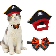 Cat wearing a Halloween Costume Set with a hat, bow tie, and bandana on a white background