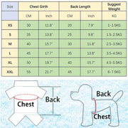 Size chart for dog Adidog Hoodie with measurements in centimeters and inches, and suggested weight ranges.
