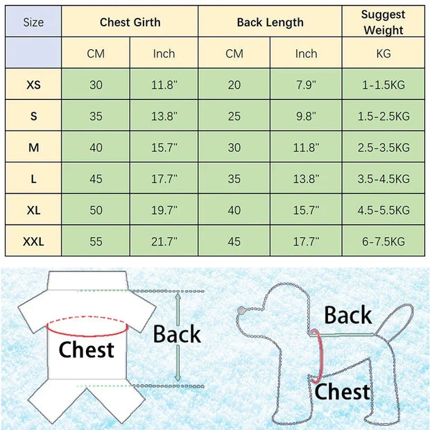 Size chart for dog Adidog Hoodie with measurements in centimeters and inches, and suggested weight ranges.