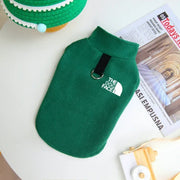 Fleece Dog Jacket – Warm Winter Coat with Leash Ring in green fleece for pets, designed for comfort and style.