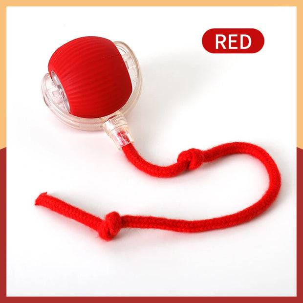 Red rubber Automatic Moving with LED Light Cat Toy Ball with a rope on a white background