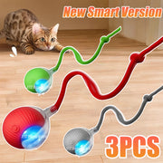 Cat playing with a new smart version Rechargeable pet Toy Ball with Mode and Obstacle Avoidance on a wooden floor.