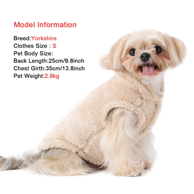 Small dog wearing a Plush Winter Vest with model information displayed.