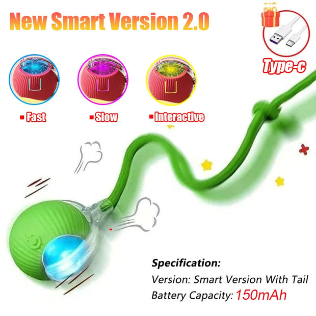 Green Rechargeable pet Toy Ball with Mode and Obstacle Avoidance with USB cable and colorful lights, labeled 'New Smart Version 2.0'.
