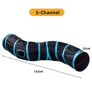 Black Collapsible Cat Tunnel Toy  tunnel with blue straps and measurements on a white background