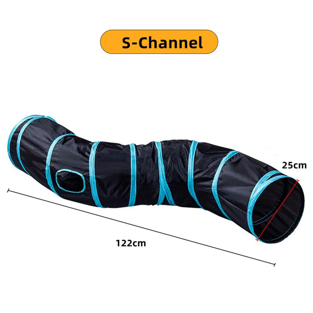 Black Collapsible Cat Tunnel Toy  tunnel with blue straps and measurements on a white background