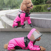 Dog wearing a pink Dog Raincoat with Clear Hood and transparent window on a wet pavement.