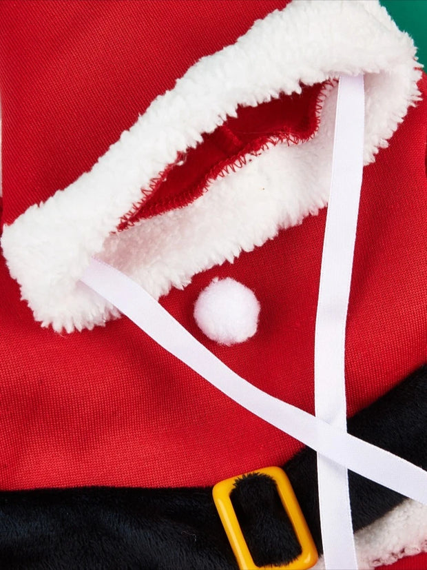 Close-up of a red Santa Claus Pet Costume with white trim and a yellow buckle.