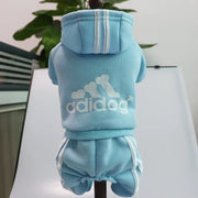 Light blue dog Adidog Hoodie and shorts set with Adidog logo on a white background