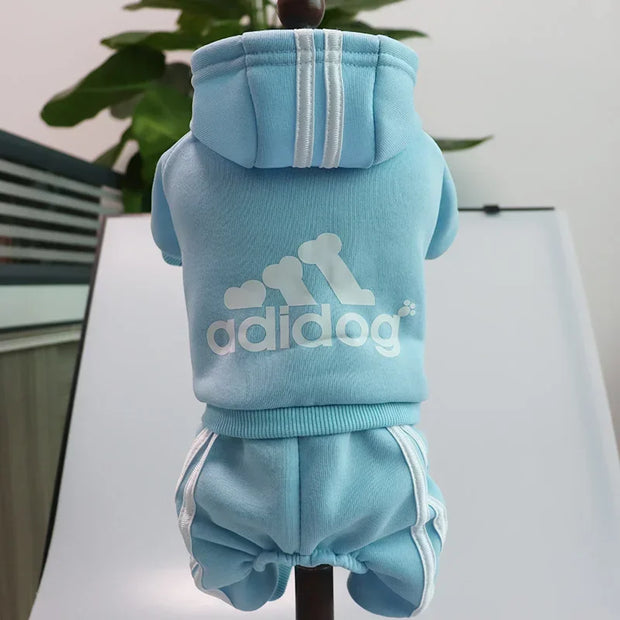 Light blue dog Adidog Hoodie and shorts set with Adidog logo on a white background