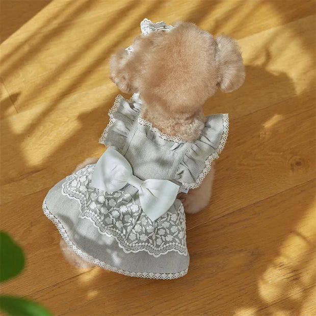 Teddy bear wearing a gray Elegant Lace Pet Dress with Bow a white bows on a wooden floor