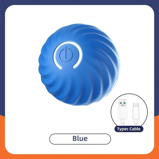 Blue Rechargeable Interactive Pet Toy Ball 300mAh with power symbol on a white background