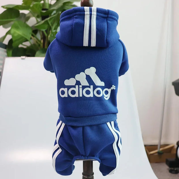Blue pet Adidog Hoodie and shorts set with Adidog logo on a mannequin against a white background.