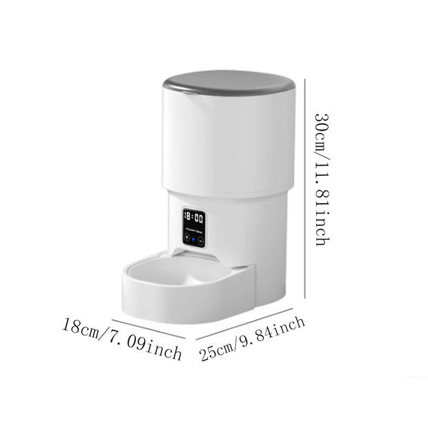 White ZYFeeder Smart Automatic Pet Feeder with digital display and dimensions on a white background