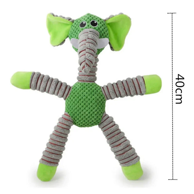 Green elephant-shaped Plush Animal Dog Toys with knitted legs and a measurement label on a white background