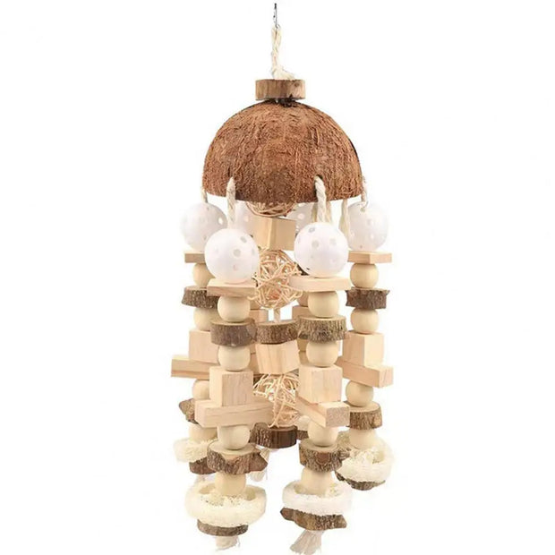 Hanging coconut shell and Natural Bird Cage Toy on a white background