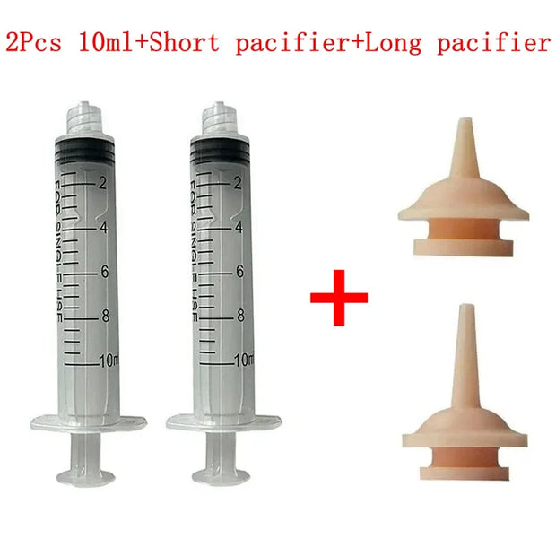 Silicone Syringe Adapter Head Replacement Accessory - Set of two 10ml feeding syringes with short and long pacifiers for newborn pets, ideal for safe feeding.