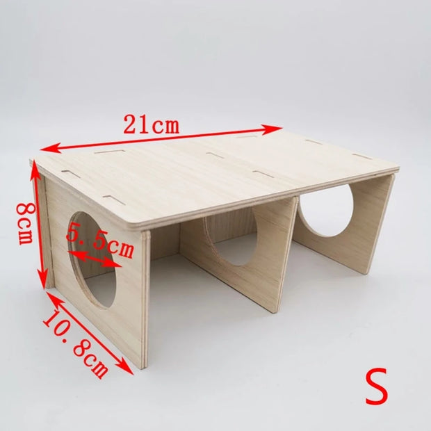 Small Wooden Hamster Hideout House with Dual Compartments table with dimensions marked on a white background