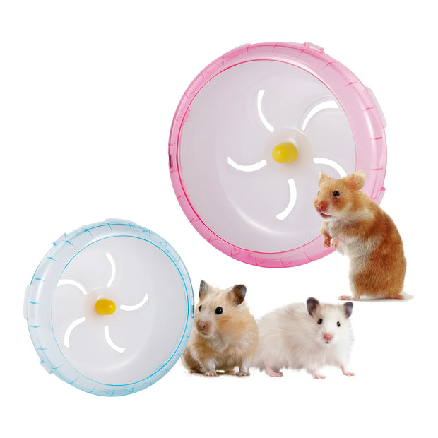 Two Hamster Exercise Wheel, one pink and one blue, with three hamsters on a white background.