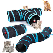 Black and blue Collapsible Cat Tunnel Toy with red balls, surrounded by cats on a white background
