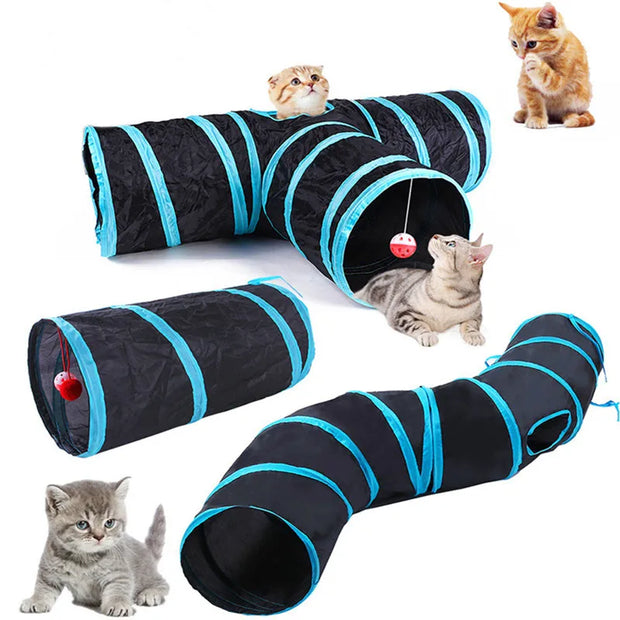 Black and blue Collapsible Cat Tunnel Toy with red balls, surrounded by cats on a white background