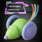 Smart Interactive Cat Toy mouse with colorful lights and caution text on a dark background