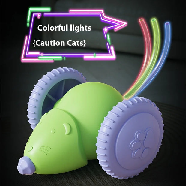 Smart Interactive Cat Toy mouse with colorful lights and caution text on a dark background
