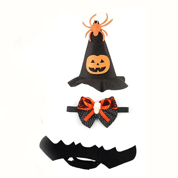 Halloween Costume Set including a black witch hat with a pumpkin face, a bow tie with orange accents, and a black bat mask on a white background.