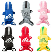 Collection of colorful Pet Adidog Hoodie with 'adidog' branding on a white background