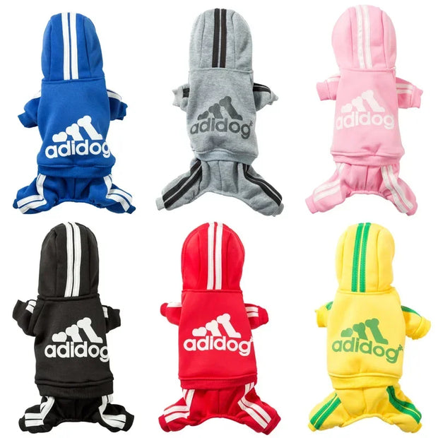 Collection of colorful Pet Adidog Hoodie with 'adidog' branding on a white background