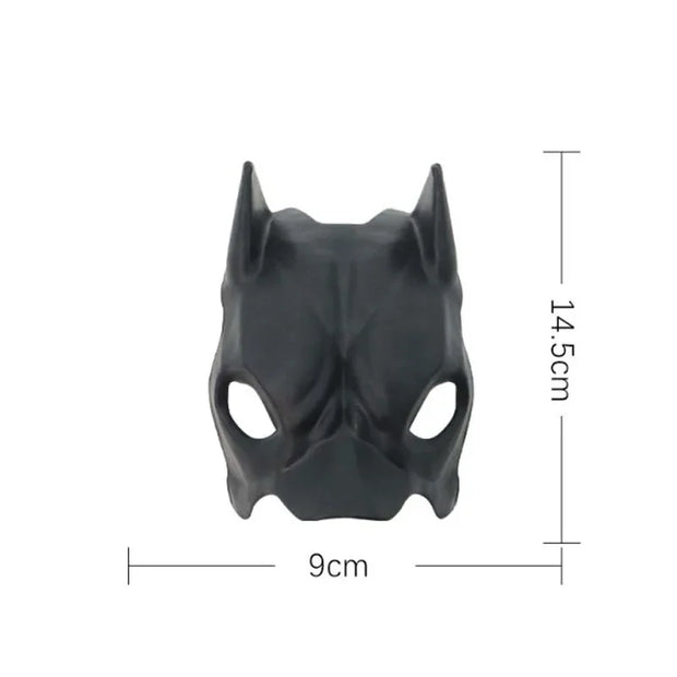 Black Pet Avengers Mask Set with measurements on a white background
