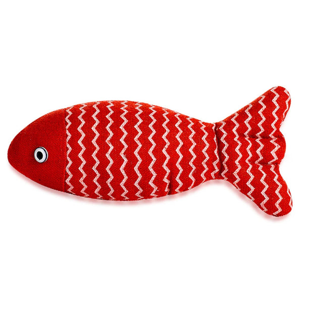 Red Catnip Fish Plush Toy with white zigzag pattern on a white background