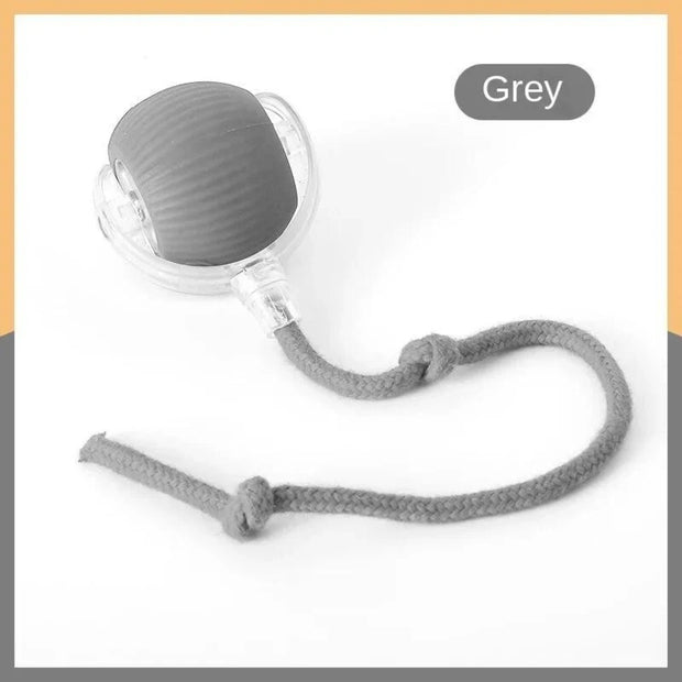Automatic Moving with LED Light Cat Toy Ball teether with a rope on a white background, labeled 'Gray'.
