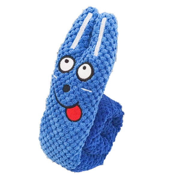 Blue textured Plush Frog Dog Toy with a face on a white background