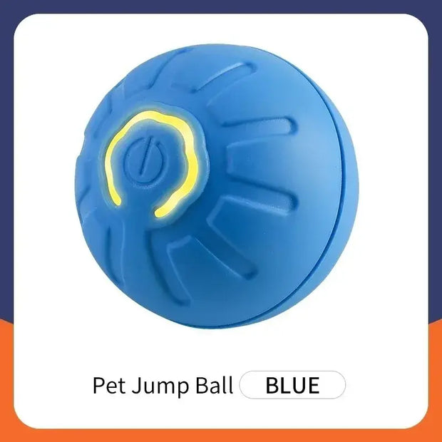 Blue Rechargeable Interactive Pet Toy Ball 300mAh jump with a yellow center on a white background