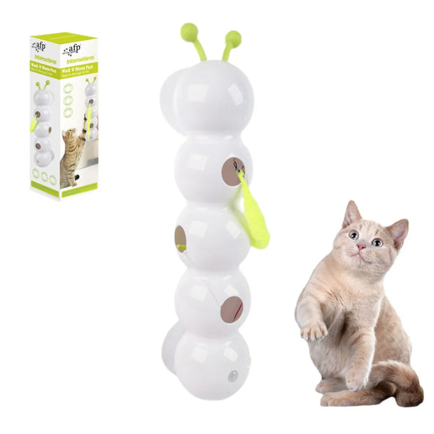 Caterpillar Interactive Cat Toy white and green antennae next to a cat and its packaging on a white background