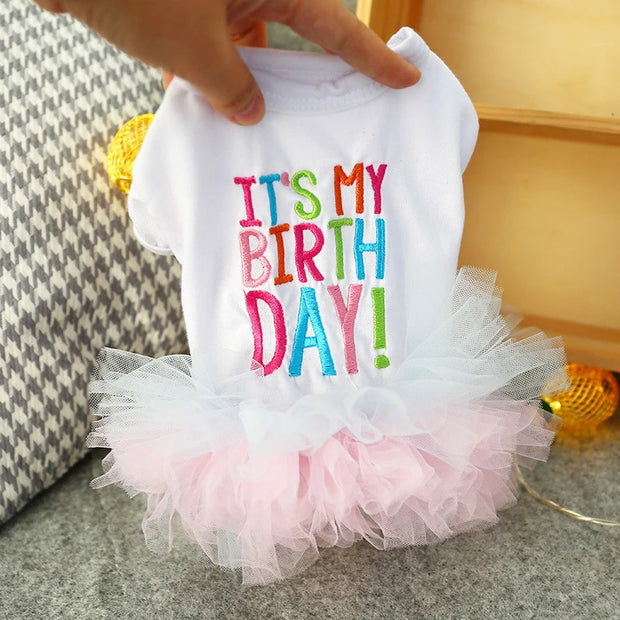 Birthday Tutu Dress with 'It's My Birthday!' text and a tutu held by a hand.