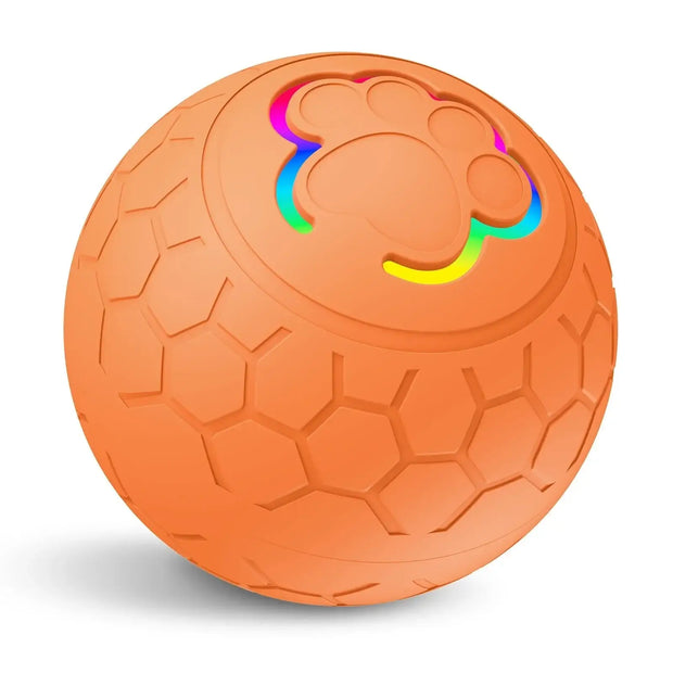 Orange Rechargeable Interactive Pet Toy Ball 300mAh with a textured surface and colorful design on a white background