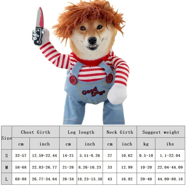 Dog in a Killer Doll Pet Costume with red hair, striped shirt, and overalls holding a knife.
