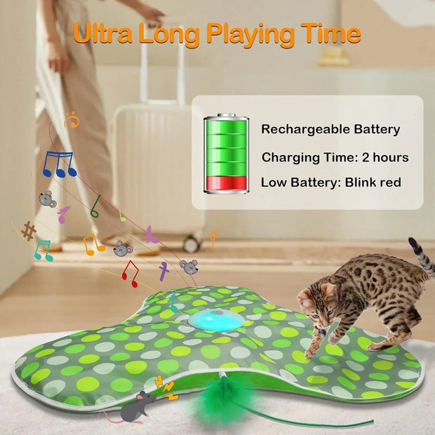Cat playing with a green and gray polka dot Hide and Seek Interactive Cat Toy Blanket with a rechargeable battery indicator.
