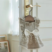 Children's Elegant Lace Pet Dress with Bow details and a bow on a wooden hanger against a white wall.