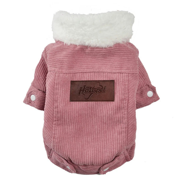 Pink Corduroy Dog coat with white fur lining on a white background