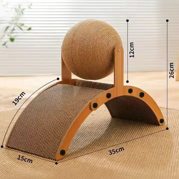 Cat Scratcher with Sisal Ball with dimensions on a neutral background